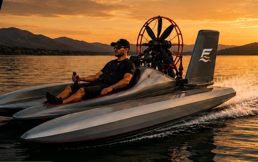 Ekranoplano Económico navegando sobre un lago al atardecer