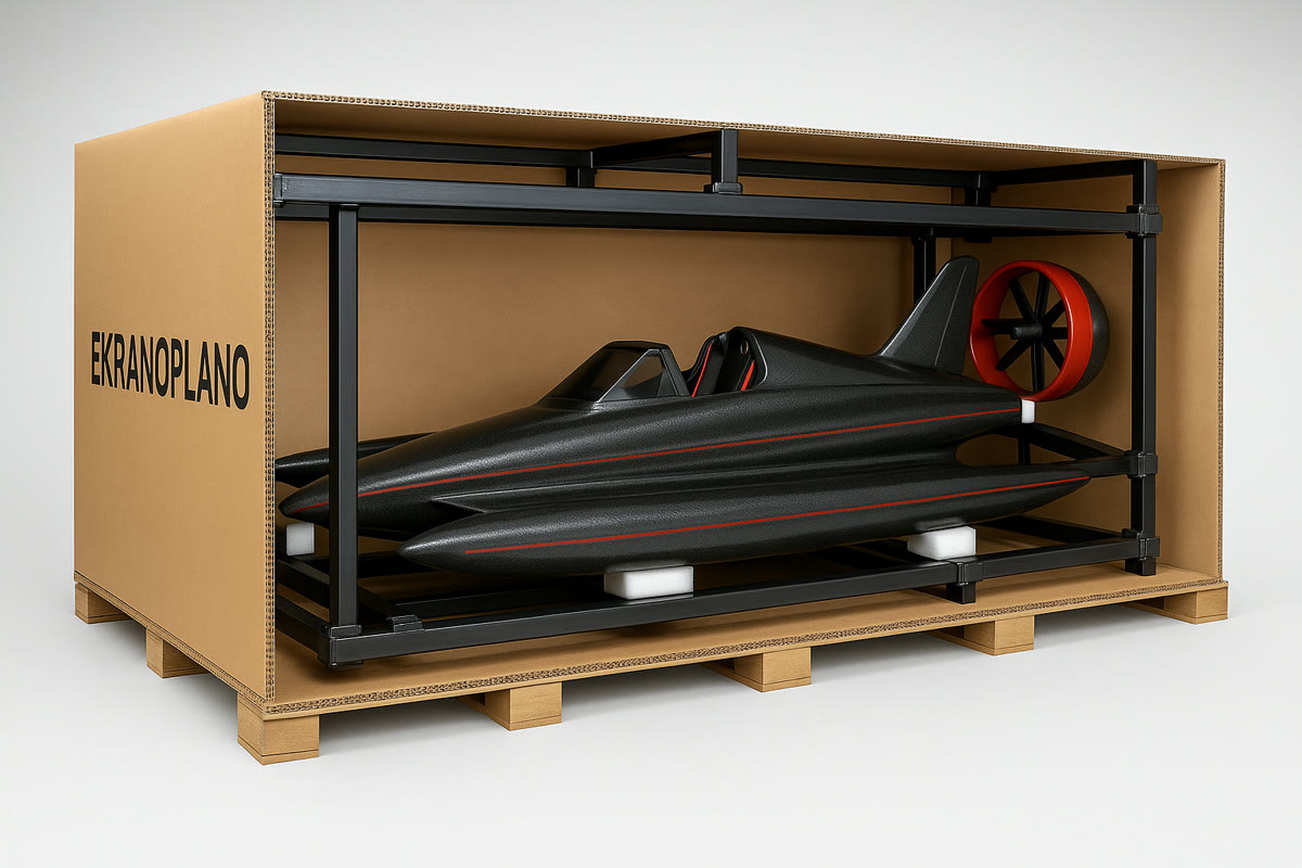 Open Ekranoplano crate with an internal steel-tube frame securing the craft.
