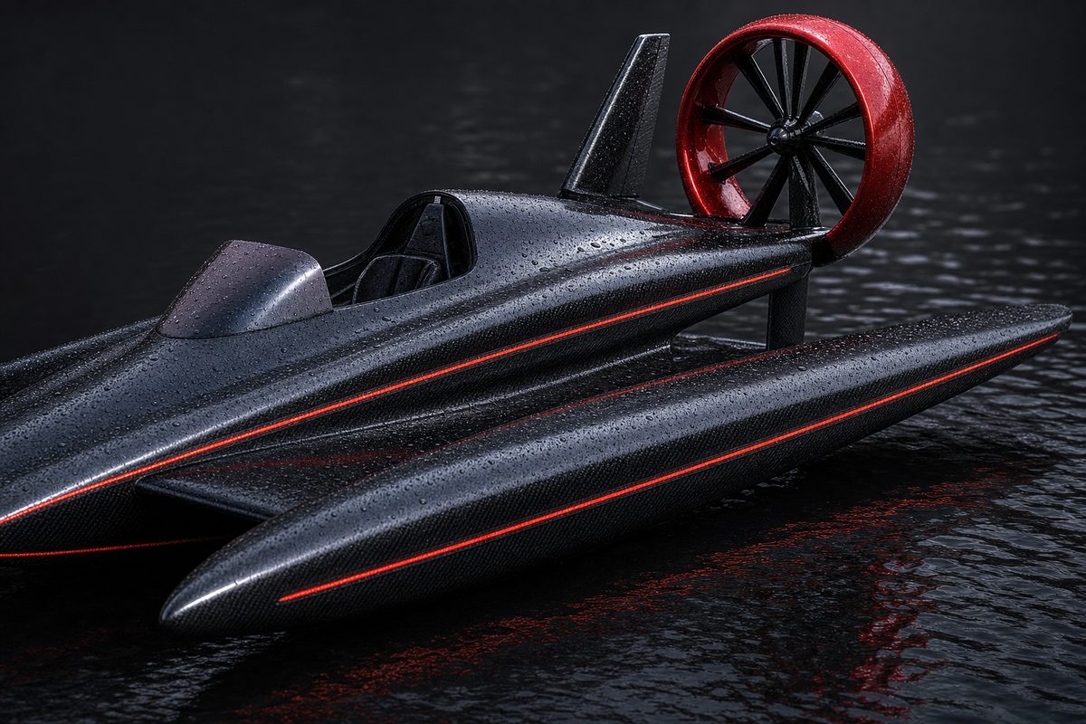Detail of the Ekranoplano: red ducted fan, open cockpit and composite-exoskeleton hull.