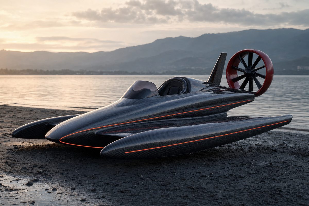 Three-quarter front view of the Ekranoplano at the shore at dawn.