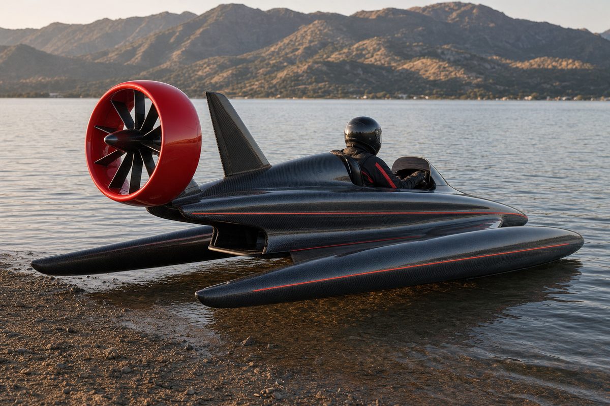 Rear view of the Ekranoplano: red ducted fan raised on the pylon and carbon tail fin.