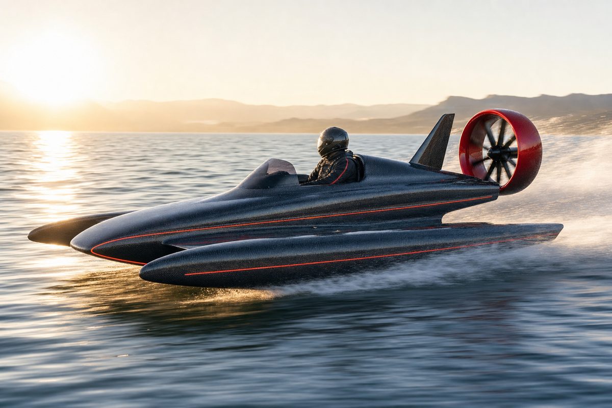 The Ekranoplano skimming low over the water in full ground effect.