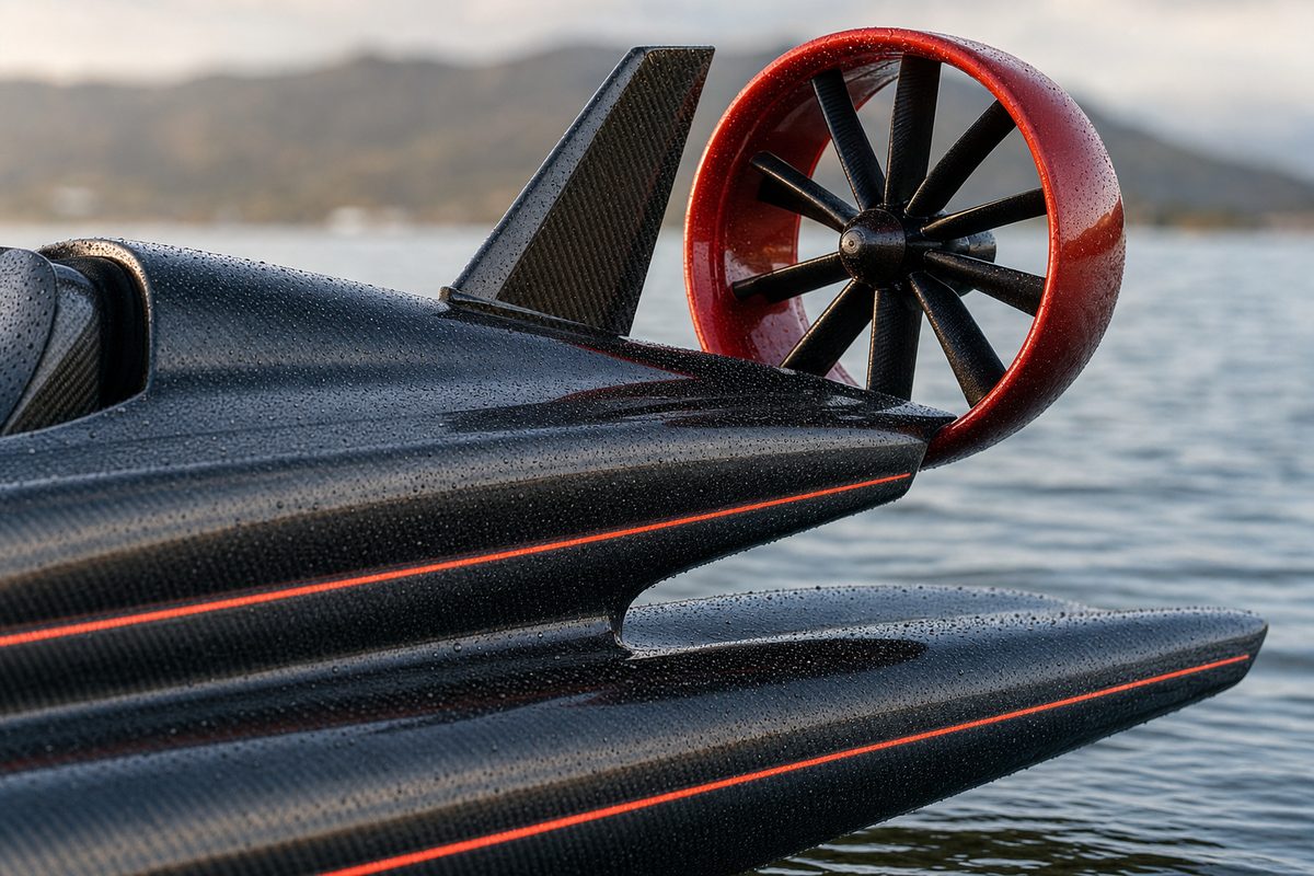 Detail of the red ducted fan and carbon fiber with accent lines.