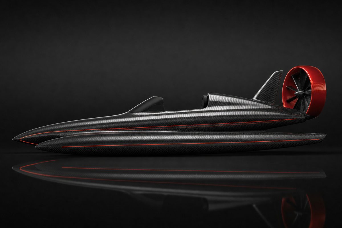 Studio profile of the Ekranoplano on a black background.